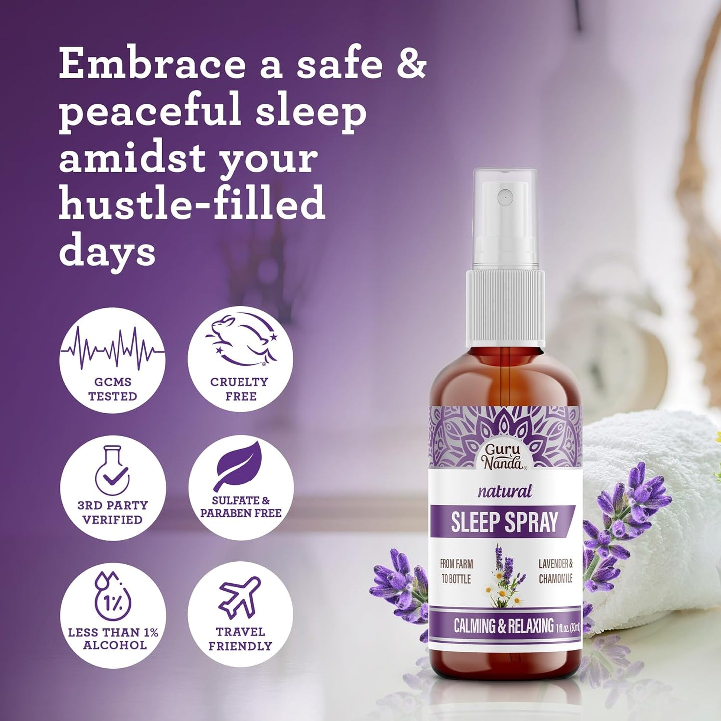 GuruNanda Sleep Spray (1 Fl oz) - 100% Pure & Natural Blend of Lavender, Chamomile & Aromatherapy Essential Oils - Supports Calm & Relaxed Rest - Bedtime Mist for Bed, Pillows or Linen