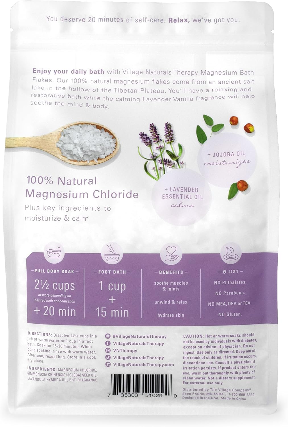 Village Naturals Therapy Calm Magnesium Bath Flakes, Lavender Vanilla Scent, 2.5 lbs