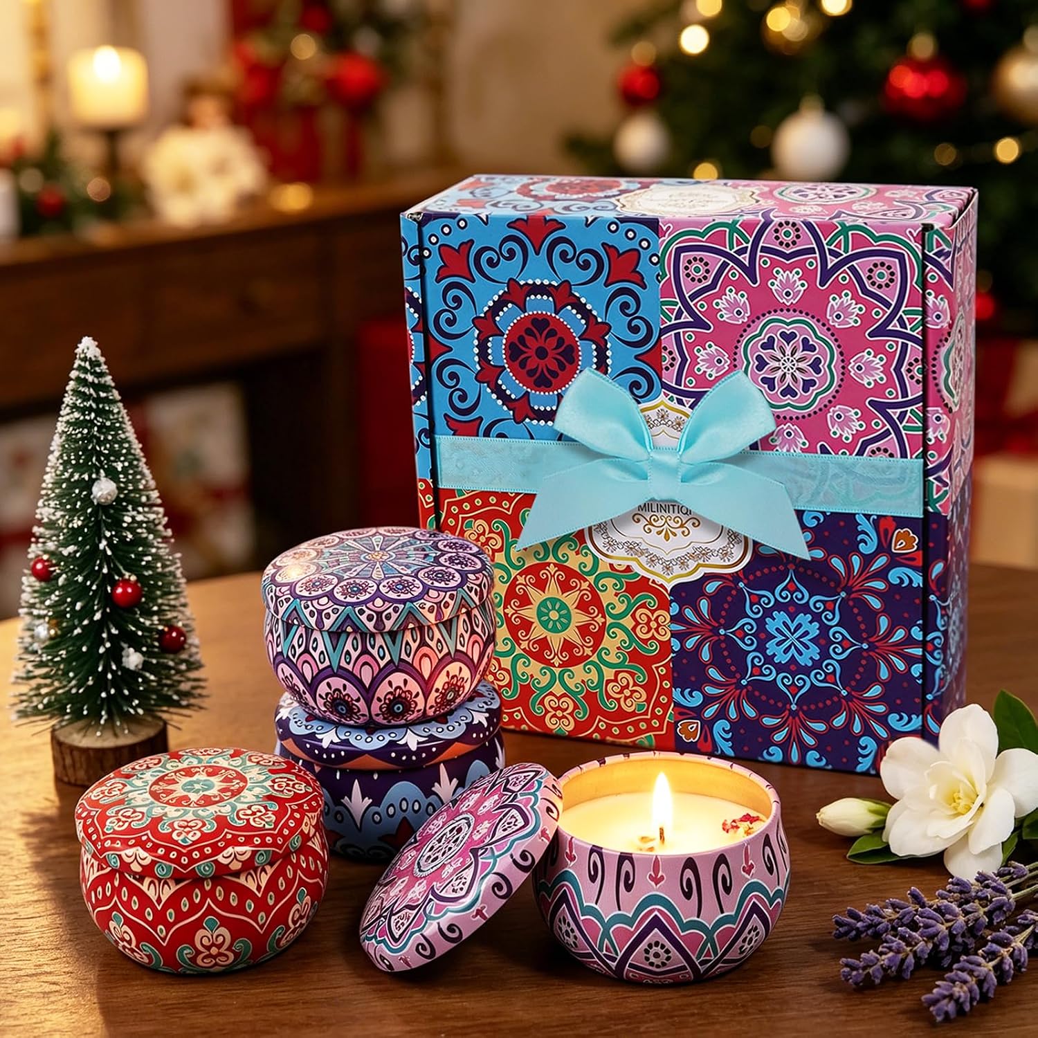 4 Pack Scented Candles for Women Gift- 8% Essential Oil Aromatherapy Candle Set, 50H Long Lasting Natural Soy Wax Candles, Travel Tin Gift Box for Stress Relief Spa Yoga Birthday Housewarming