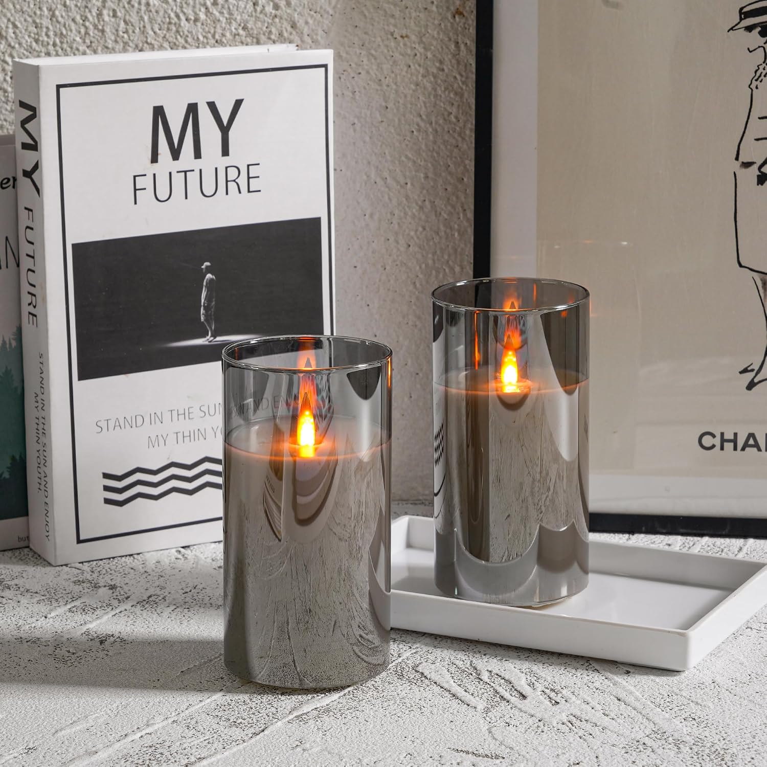 Rechargeable Flickering flameless Candles, USB Rechargeable Candles, Acrylic LED Pillar Candles, with Remote Control Timer, Gray (2-piece Set) for Home and Holiday Decoration