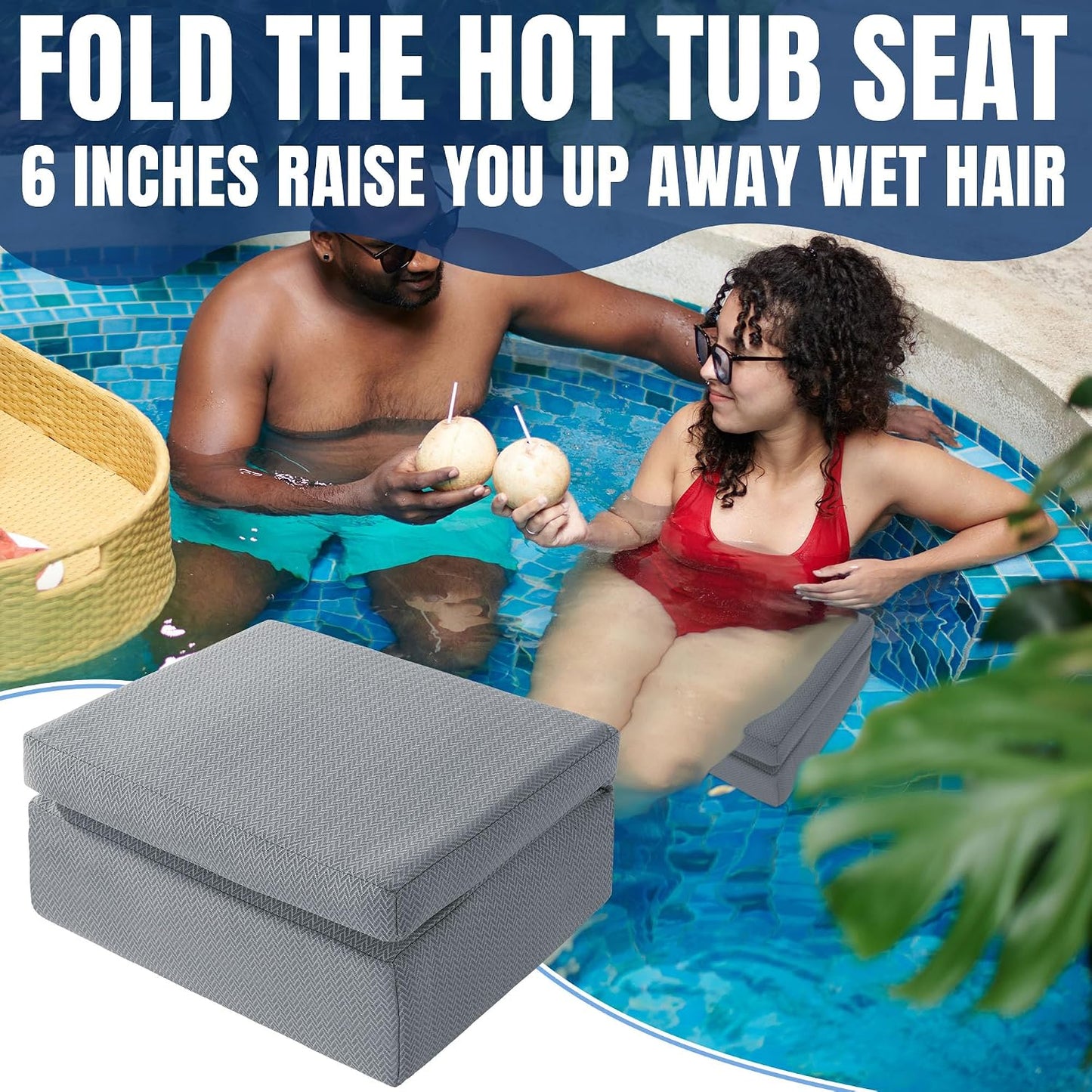 MABOZOO 2 Pcs Foldable Hot Tub Booster Seat, Adjuatable 2 Heights Extra Thick Hot Tub Pillow Bath Seat with Back Support Cushions, Washable Bathtub Cushion for Indoor Outdoor (Gray)