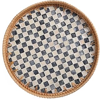 Round Rattan Tray with Mother of Pearl Inlay, Rattan Serving Tray for Coffee, Bread, Fruits, Decorative Wicker Tray for Table Decor, Home Decor, Kitchen Island Decor(Black Checkerboard, 11.8")