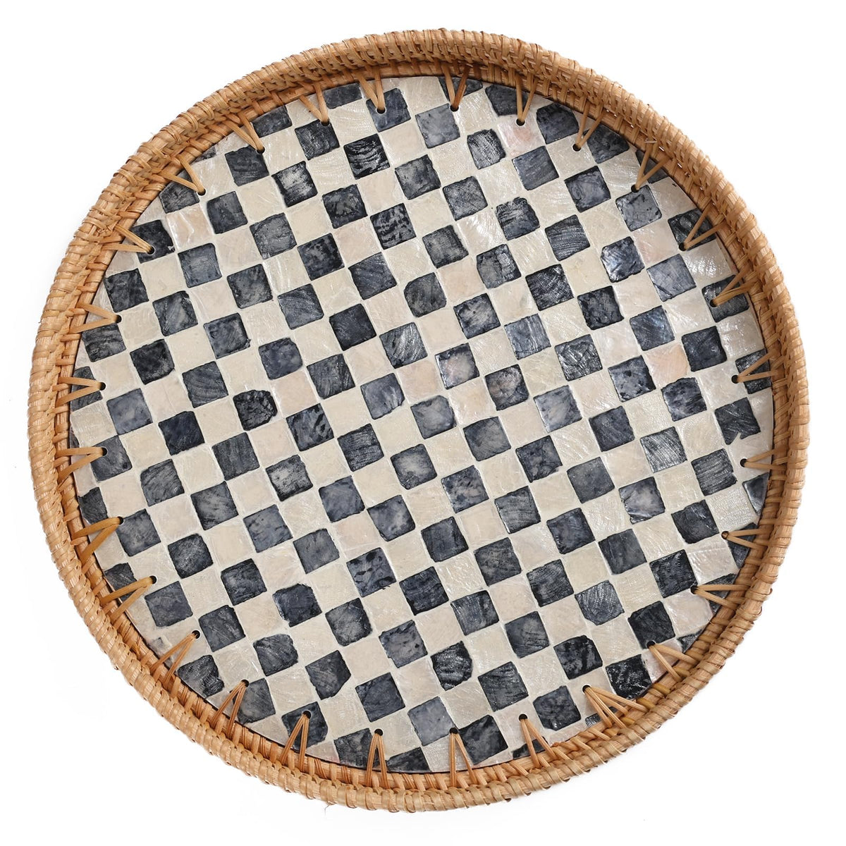Round Rattan Tray with Mother of Pearl Inlay