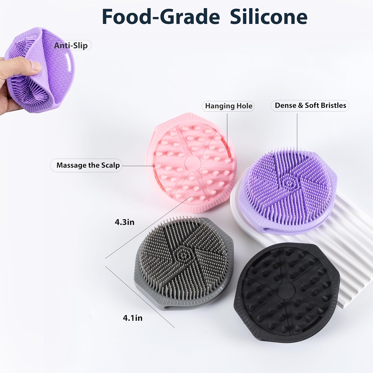 MtBoi 2 Pack Silicone Exfoliating Body Scrubber, Soft Silicone Loofah for Sensitive Skin, 2-in-1 Body Brush & Shower Head Massager, Easy to Clean, Rich Lather (Black&Purple)