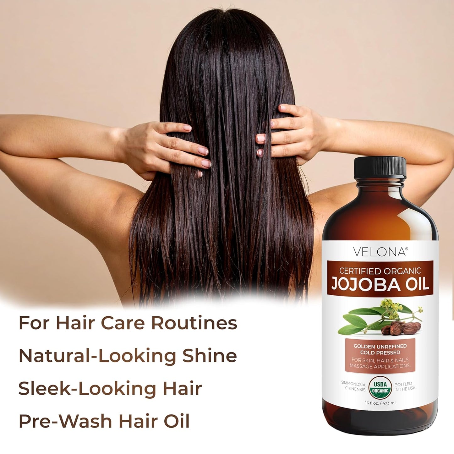 velona Jojoba Oil USDA Certified Organic - 16 Fl Oz in Glass Bottle | 100% Pure and Natural | Golden, Unrefined, Cold Pressed, Hexane Free | Moisturizing Face, Hair, Body, Skin Care