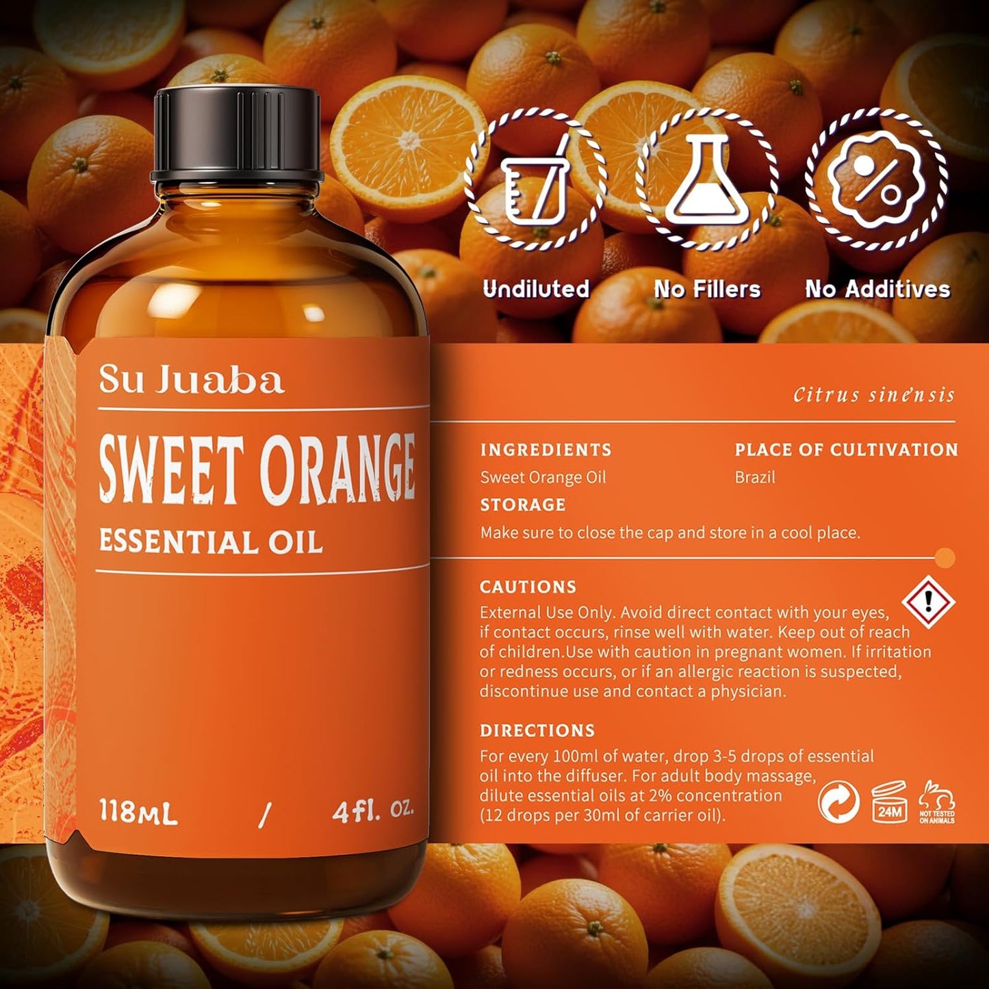 SU JUABA Orange Essential Oil 4 Fl Oz, 100% Pure Natural for Mood Boost, Diffuser, Skin Care, Aromatherapy- 118ML