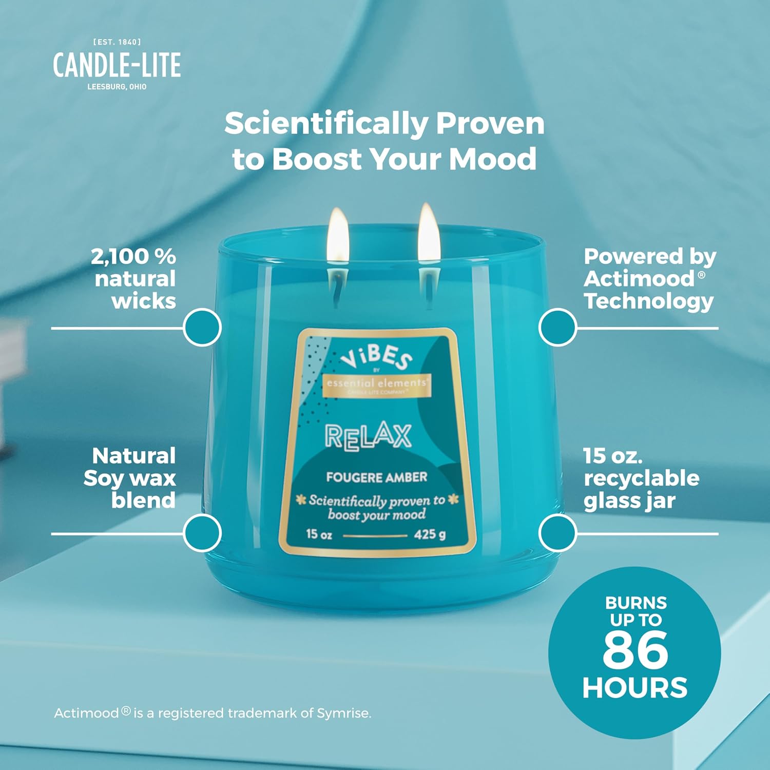 Candle-Lite Vibes Fougere Amber Mood-Enhancing Scented Candles, 15 oz Jar, Aromatherapy, Proudly Poured in The USA, 2-Wick, 86 Hours Burn Time, Perfect Relaxation Gift