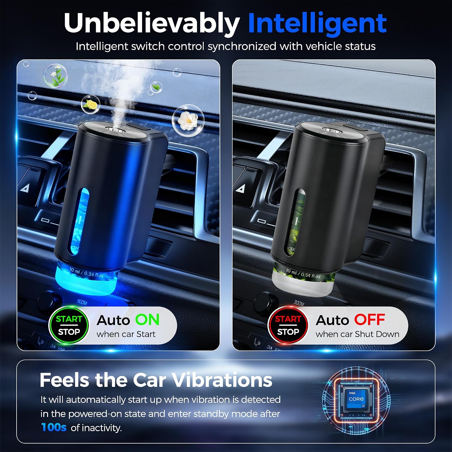 Car Air Freshener Diffuser, Smart Car Air Freshener, Auto On/Off with 3 Modes, Vent Clip, Long Lasting with 10 Essential Oils in 5 Scents (2 Pack)