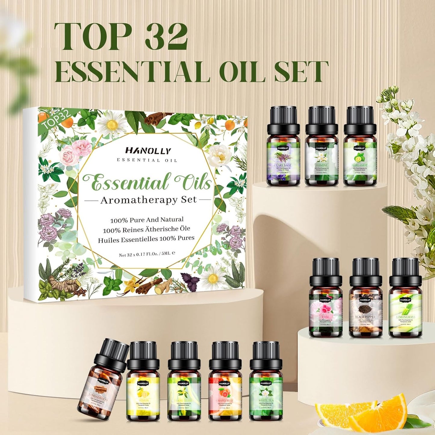 Essential Oils Set, Aromatherapy Essential Oil Kit for Diffuser, Humidifier, Massage, Skin Care (32 x 5ml) - Eucalyptus, Lavender, Tea Tree, Peppermint, Lemongrass, Frankincense, Cinnamon, Sandalwood
