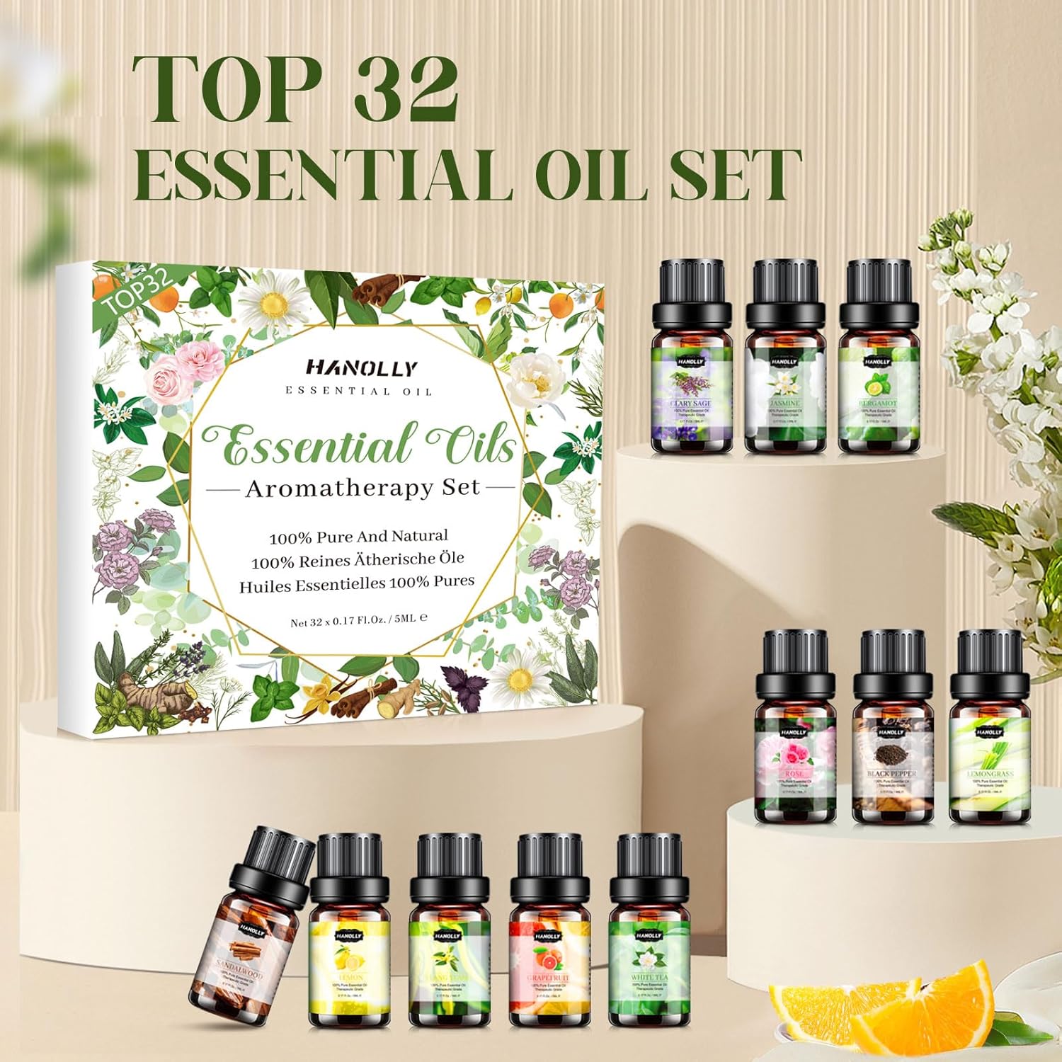 Essential Oils Set, Aromatherapy Essential Oil Kit for Diffuser, Humidifier, Massage, Skin Care (32 x 5ml) - Eucalyptus, Lavender, Tea Tree, Peppermint, Lemongrass, Frankincense, Cinnamon, Sandalwood