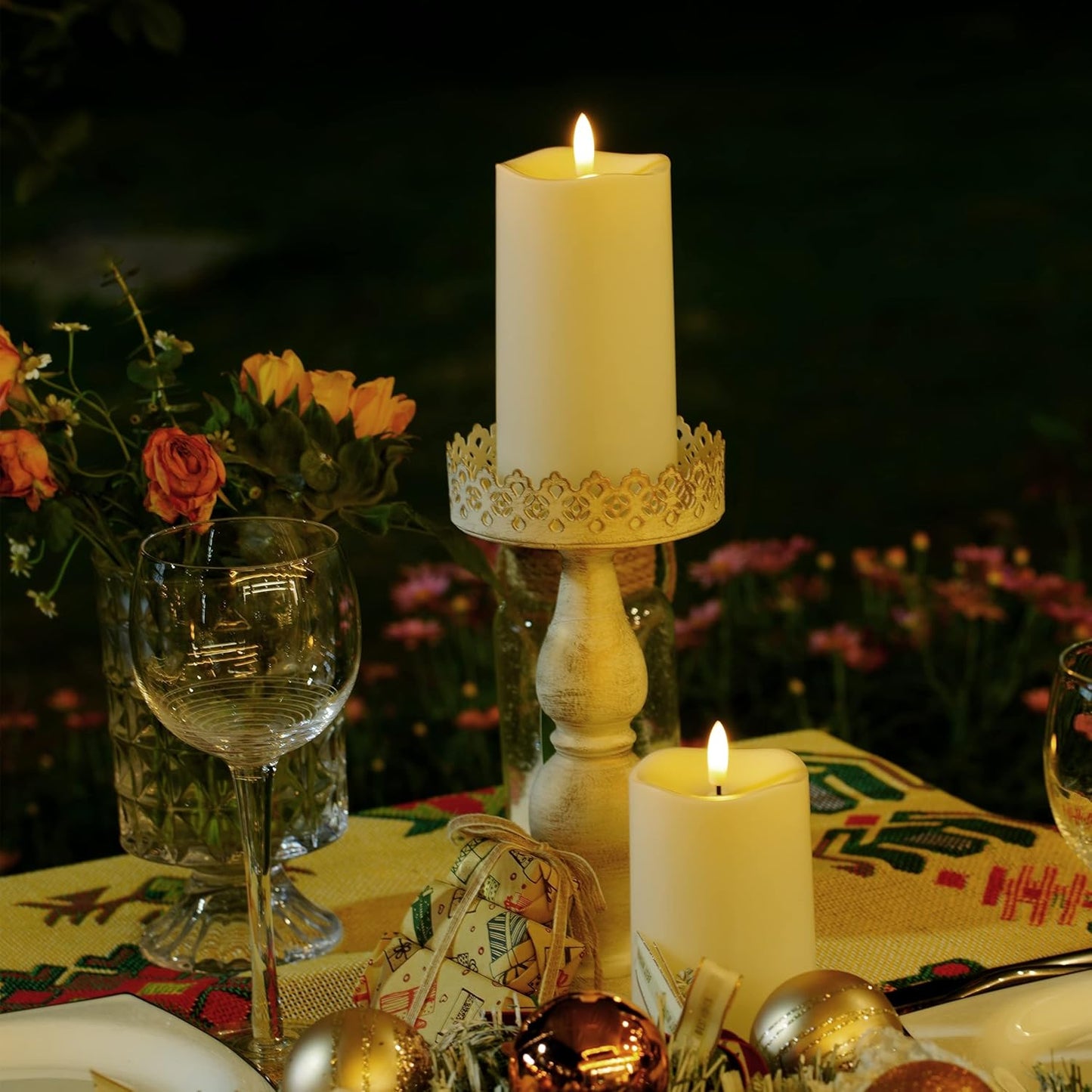 Outdoor Solar Powered Candles, 3" x 6" Ivory White Flickering Flameless Candle Set, LED Rechargeable Pillar Waterproof Candles for Outdoor Lanterns,Patio Decor, Set of 2