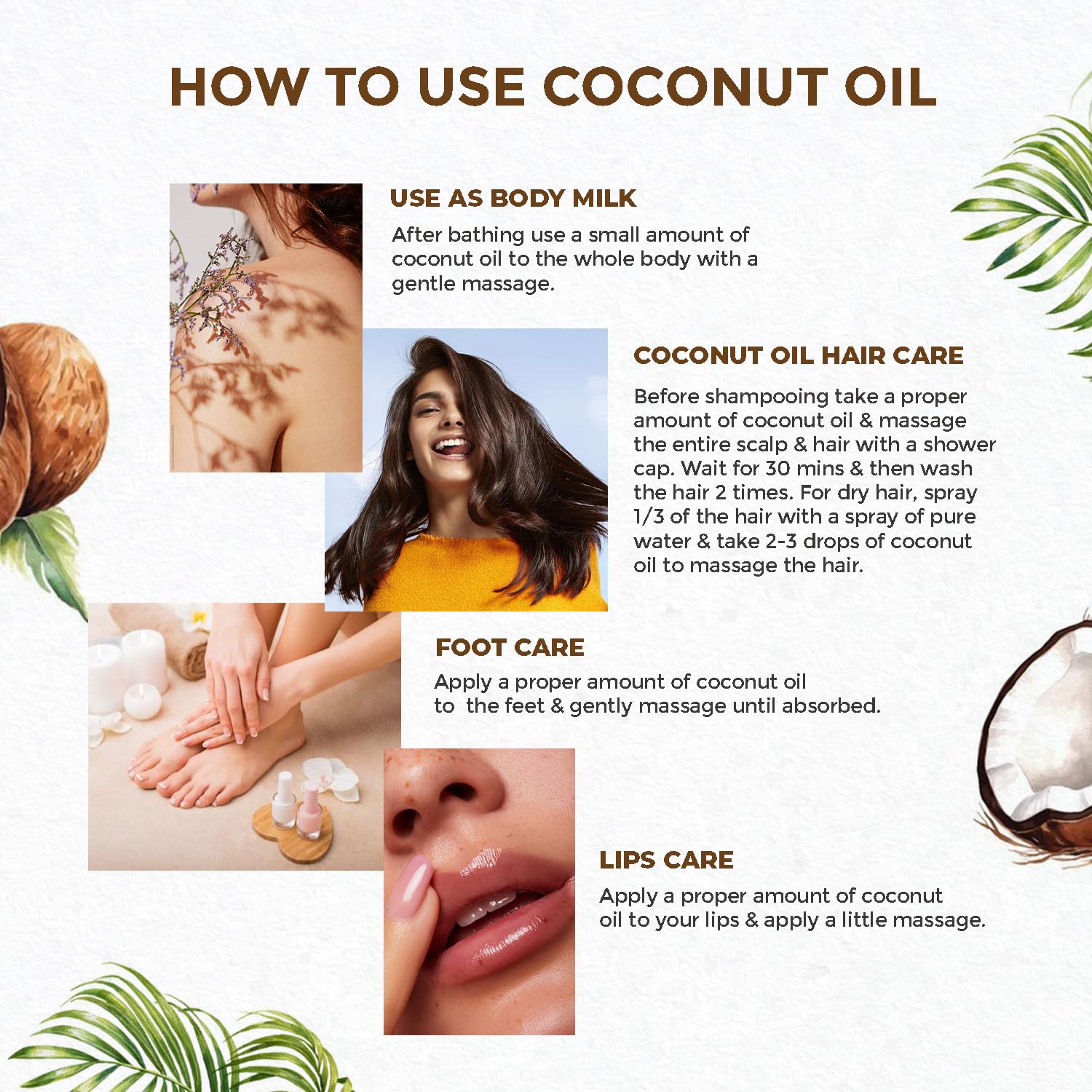Plant Based Organic Coconut Oil for Skin & Hair | Pure Coconut Hair Oil for Damaged Hair, Deep Moisturization & Massage | Cold Pressed Body Oil after shower | Aceite de Coco Para el Cabello