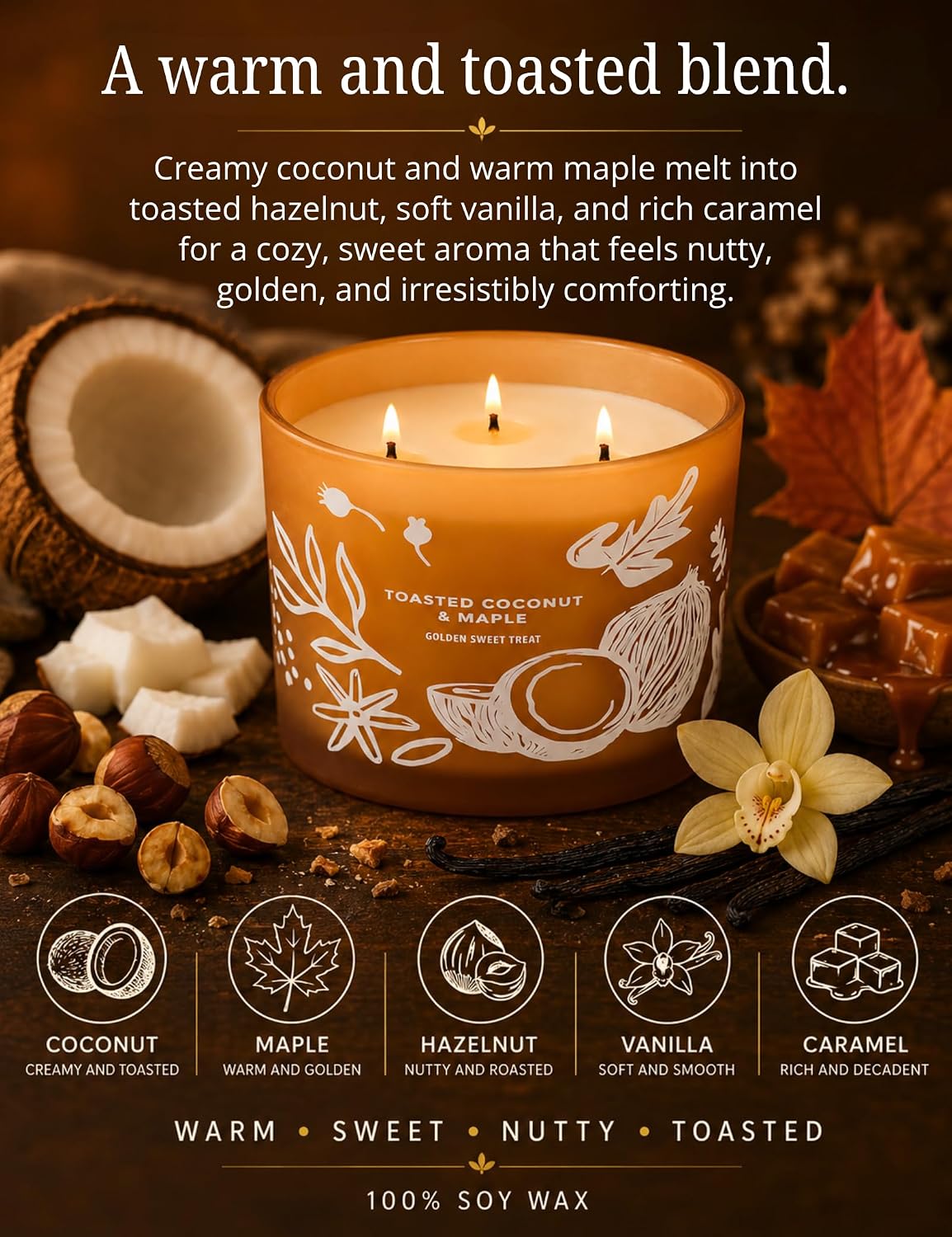 Toasted Coconut Maple Scented Candle | Large 3 Wick Scented Soy Candle for Home | 14.5oz Warm Sweet Nutty Candle | Maple Hazelnut Candles | Long Lasting Clean Burn | Gift for Women & Men