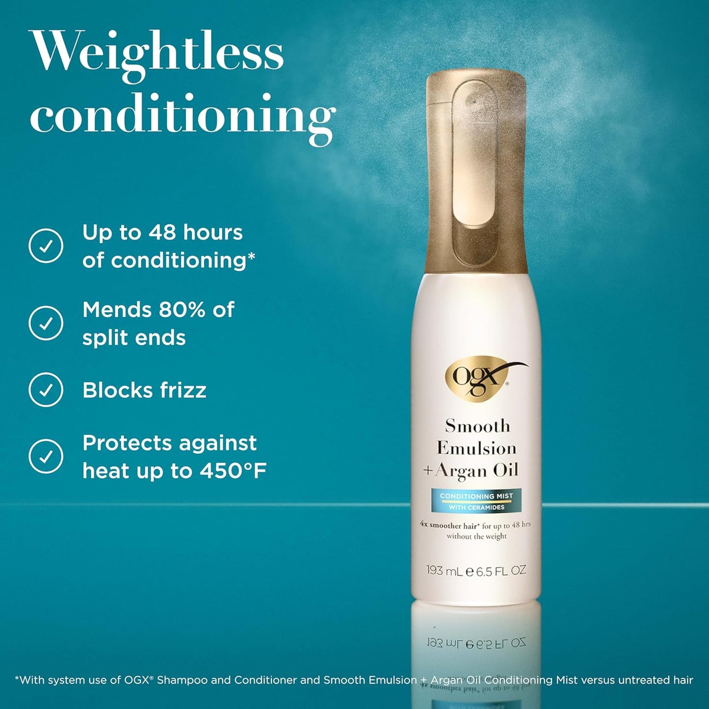 OGX Smooth Emulsion + Argan Oil Conditioning Hair Mist, Damage Repair Spray with Ceramides for 4x Smoother Hair* for up to 48 Hours Without the Weight, 450°F Heat Protection, 6.5 fl. oz