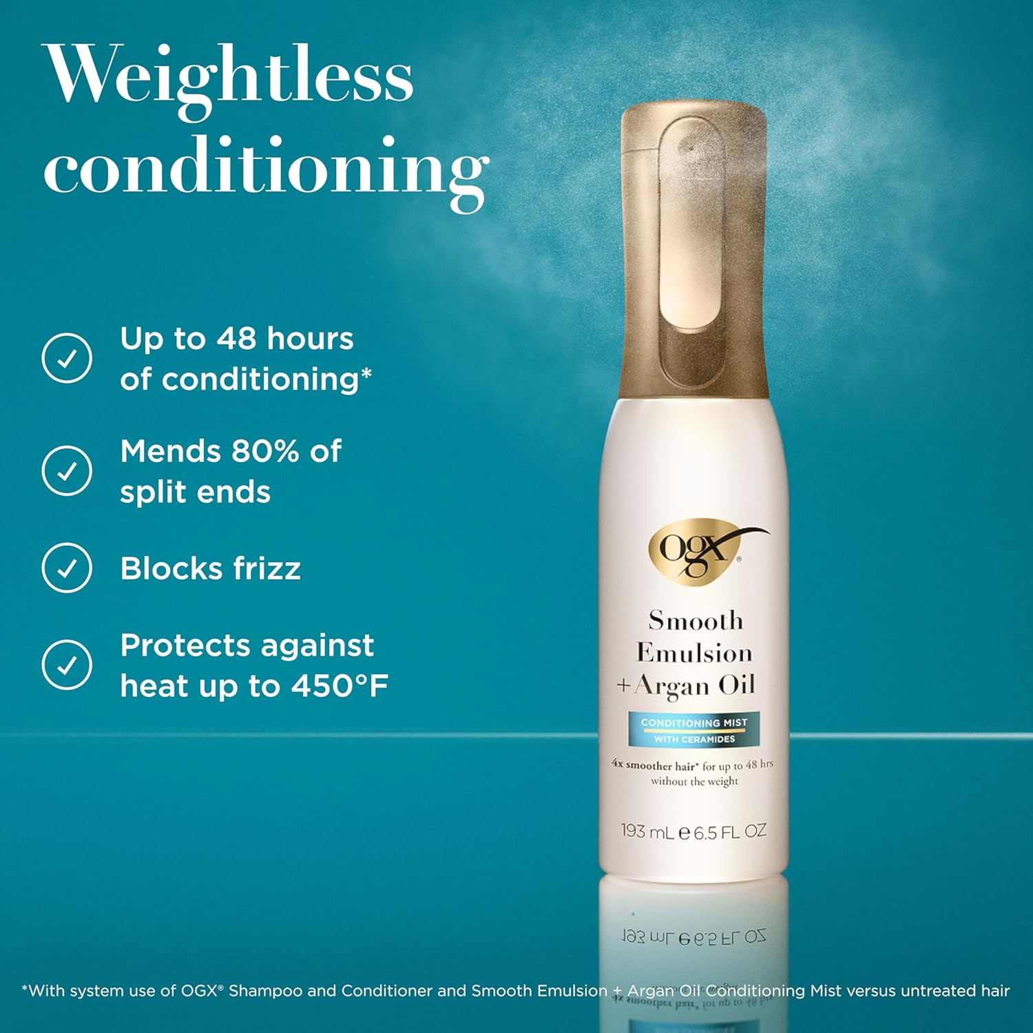 OGX Smooth Emulsion + Argan Oil Conditioning Hair Mist, Damage Repair Spray with Ceramides for 4x Smoother Hair* for up to 48 Hours Without the Weight, 450°F Heat Protection, 6.5 fl. oz