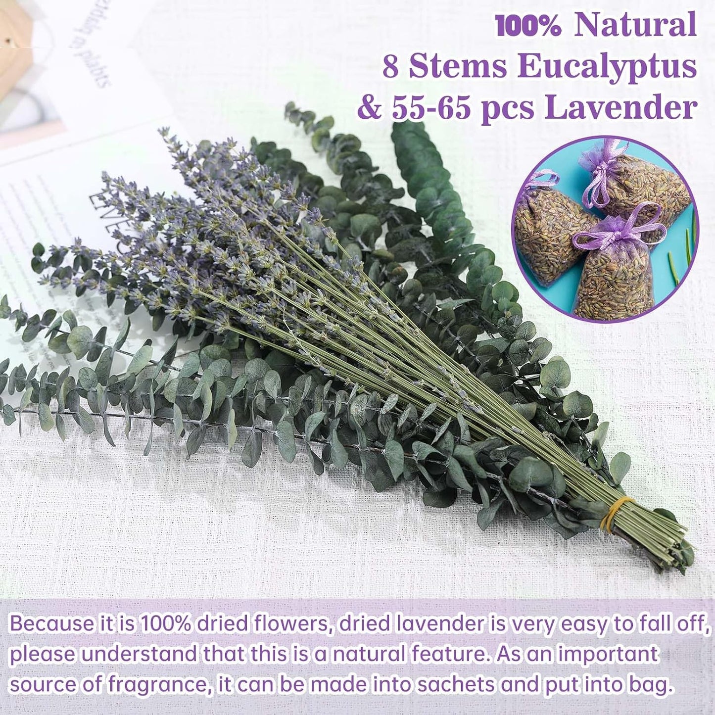 70 PCS Dried Eucalyptus Stems with Lavender Flowers Bundle for Shower, 17'' Natural Real Live Eucalyptus Leaves Branches Hanging Shower Plant for SPA Home Fragrance Bathroom Table Vase Decor