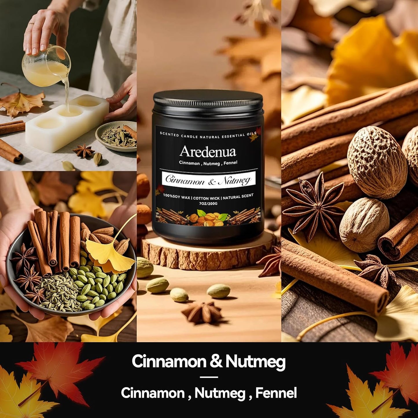 Cinnamon & Nutmeg Candles – Warm Holiday & Winter Spice Aroma, Cozy Holiday & Christmas Candles Gift, Hand-Poured Soy Candle for Christmas Home Décor & Cozy Seasonal Gifting