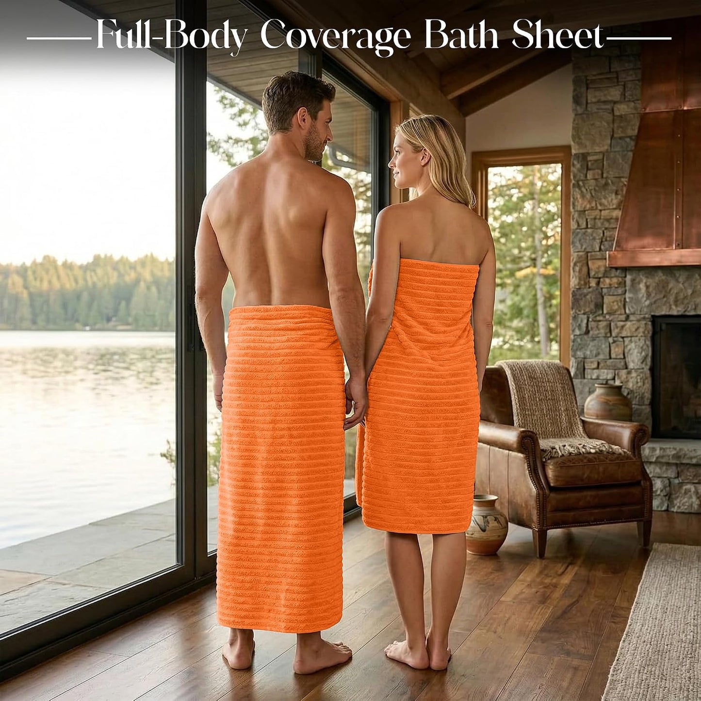 RIVERSIDE Pack of 2 Extra Large Bath Sheet Towels, 35 x 70 Inches, 600 GSM, Ribbed Stripe, 100% Cotton - Super Soft, Highly Absorbent & Quick Dry for Bathroom, Spa & Hotel, Orange
