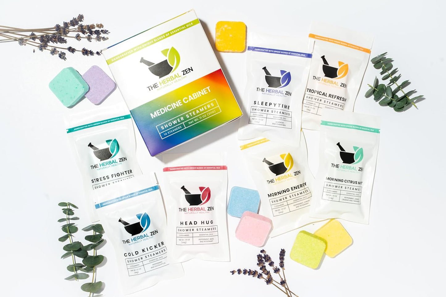 The Herbal Zen Shower Steamers Aromatherapy Tablets 14 Pack - 7 Pure Essential Oil Blends for Daily Relaxation and Wellness - Shower Bombs Gift Set for Women and Men