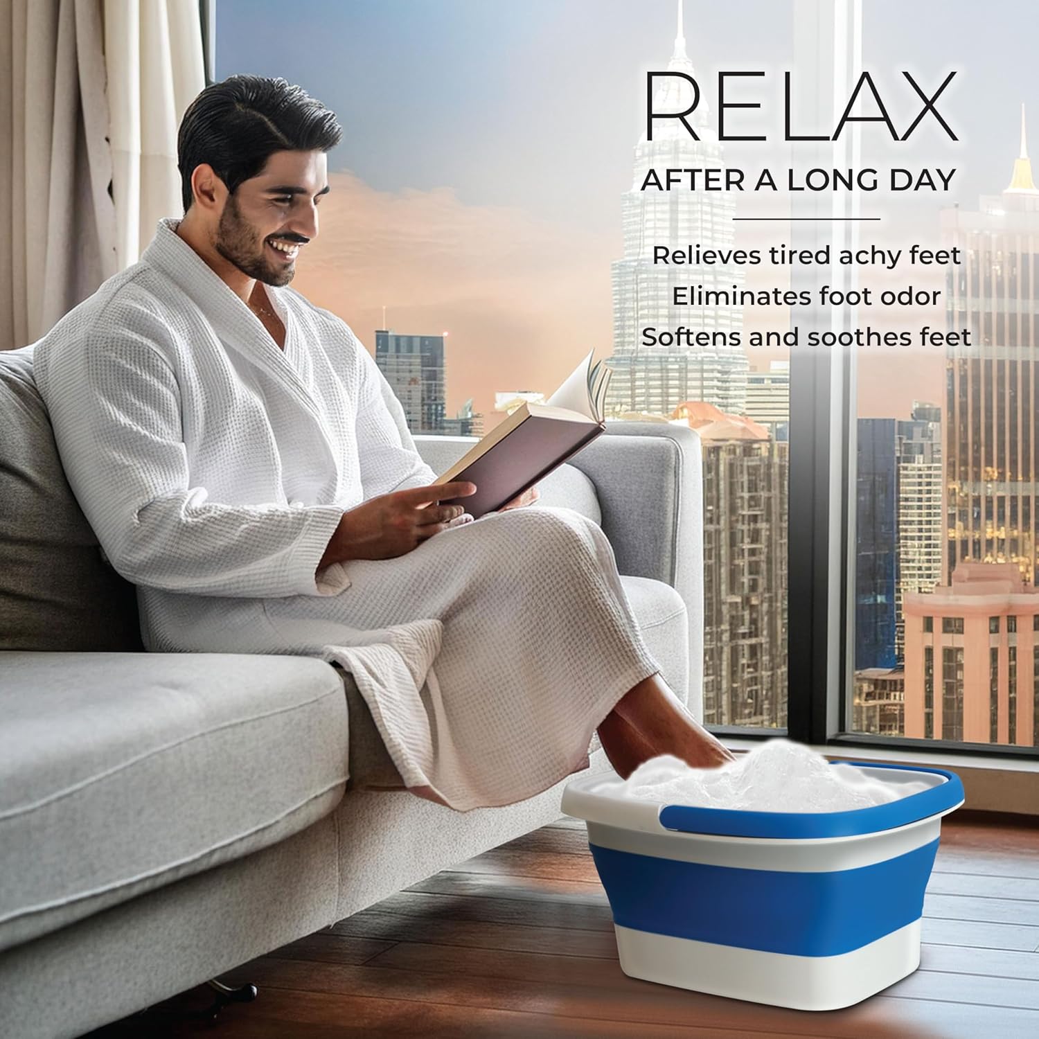 Mantello Collapsible Foot Bath Foot Soaking Tub | Portable Foot Spa Pedicure Bowl | Large Basin to Soak & Wash Feet | Folding Bucket with Carry Handle | White & Grey, Blue, Green [Blue]