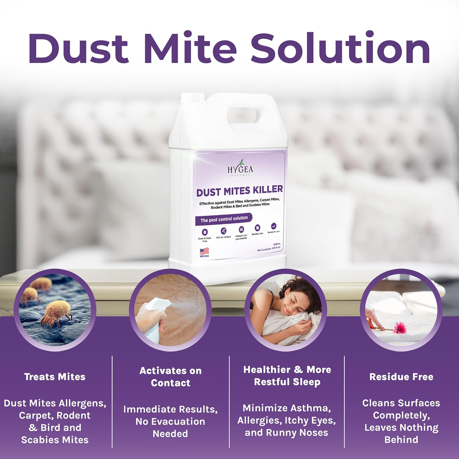 Hygea Natural Dust Mite Killer Spray - Eliminates Dust, Carpet, Rodent, Bird, Mites - Safe for Home, Children, Pets, Bedding & Furniture, 128 oz, Unscented