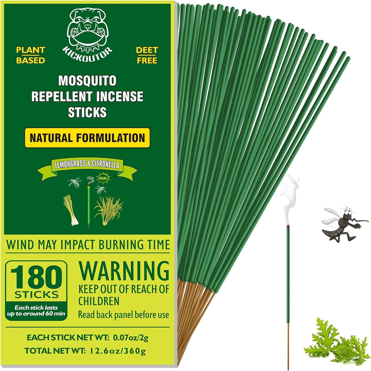 KICKOUTOR Mosquito Repellent Incense Sticks with Natural Citronella Oil, 180 Count DEET-Free Outdoor Protection for Patios, Backyard Gatherings & Camping, Up to 1 Hour Against Gnats & No-See-Ums