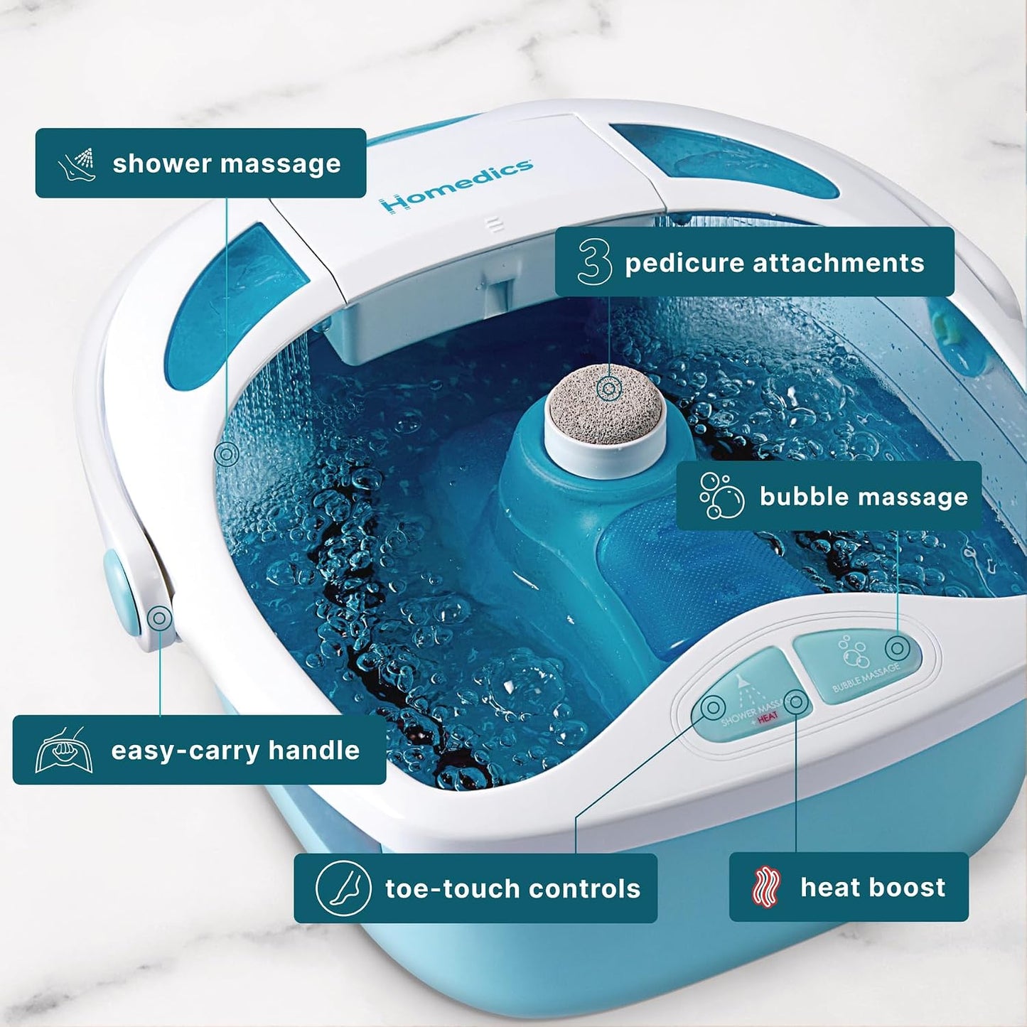 HoMedics Shower Bliss Foot Spa, Shower Massage Water Jets, Pedicure Center with 3 attachments, Toe-Touch Control, FB-625H