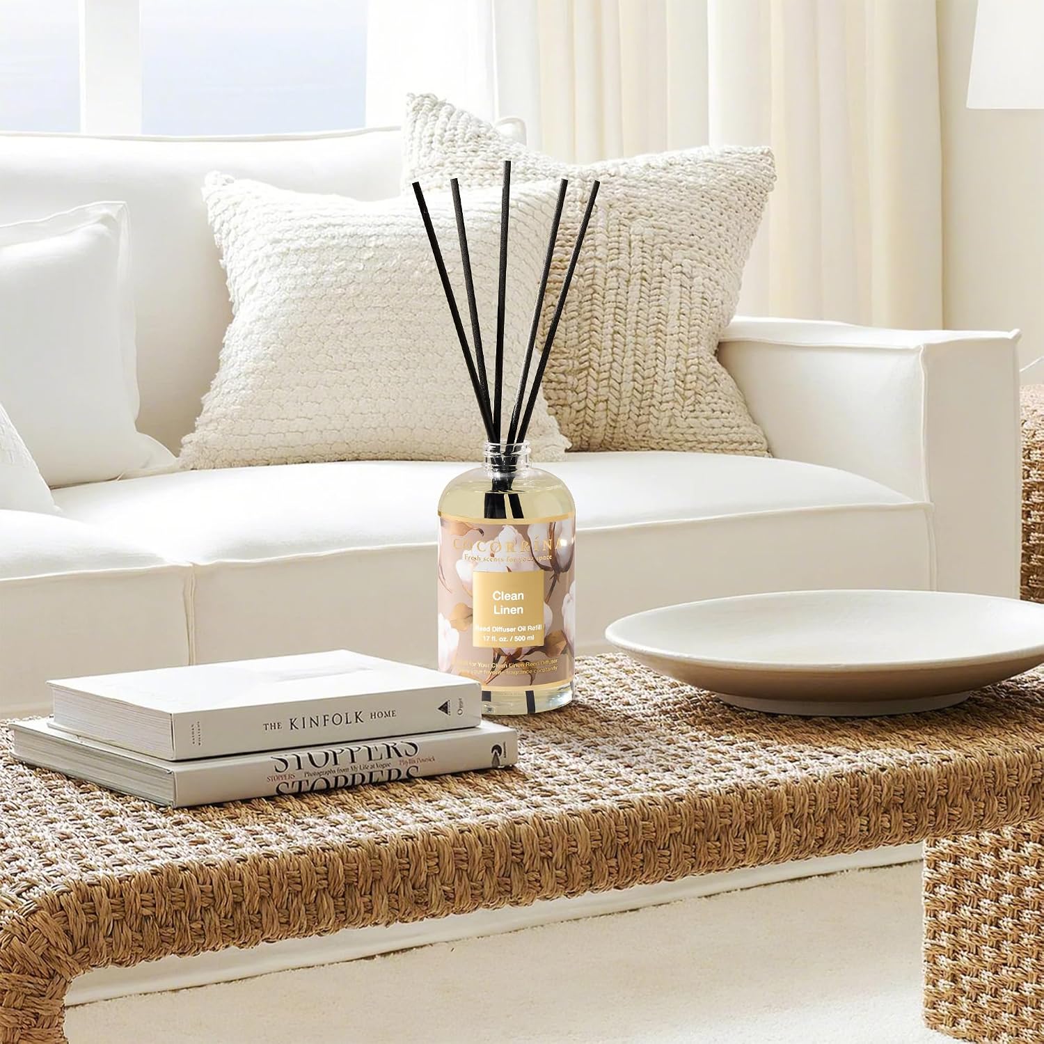 Cocorrína Reed Diffuser Refill Clean Linen 17oz (500ml) with 8 Rattan Sticks - Premium Long-Lasting Scented Oil, Home Fragrance for Bedroom, Bathroom Home Decor