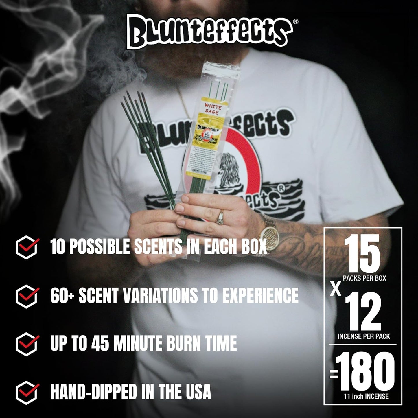 Blunteffects Hand-Dipped Incense Sticks - Premium 180-Pack Variety Set, 15 Different Scents, 11" Long, USA-Made Aromatherapy with Long Burn Time (15 Pack, 180 Total Sticks)