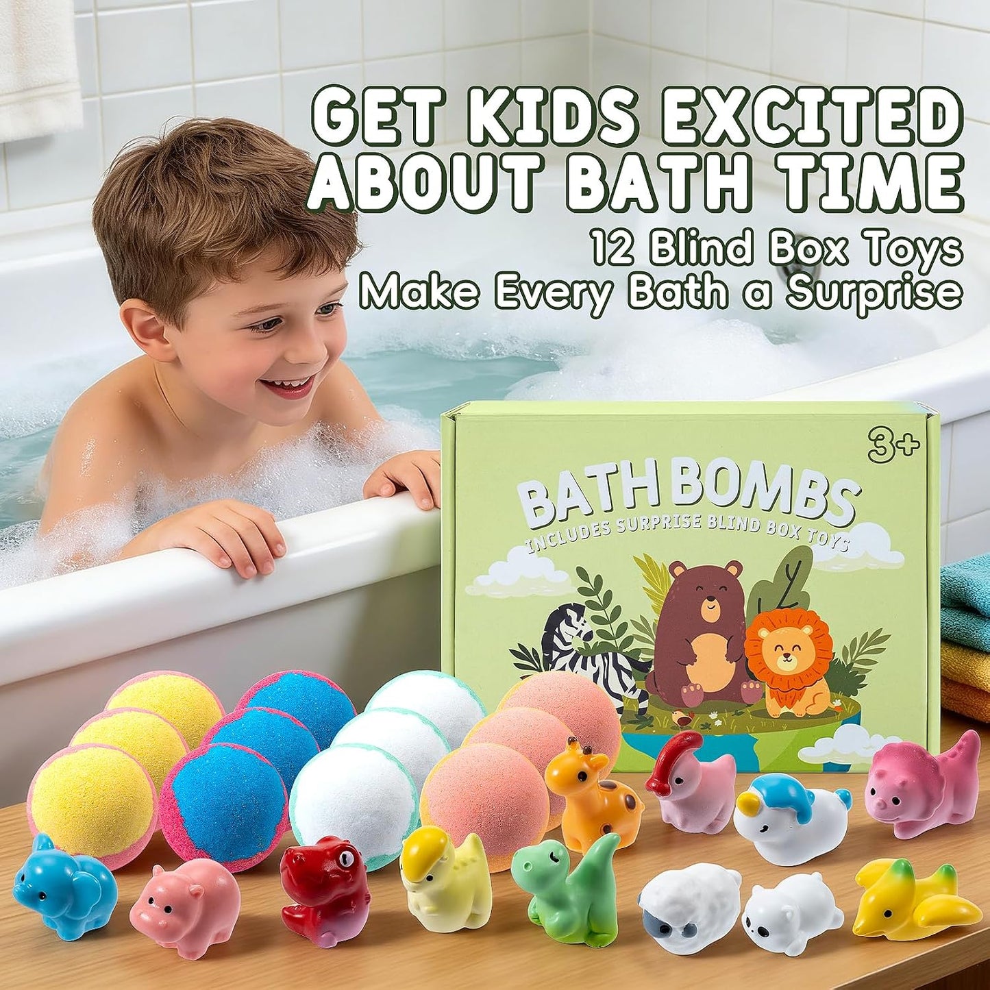 Bath Bombs for Kids with Surprise Inside, 12 Pack Bath Bombs with Mini Land Animal Toys Inside, Fizzy Bath Balls for Fun, Birthday Gifts, Perfect for Boys and Girls