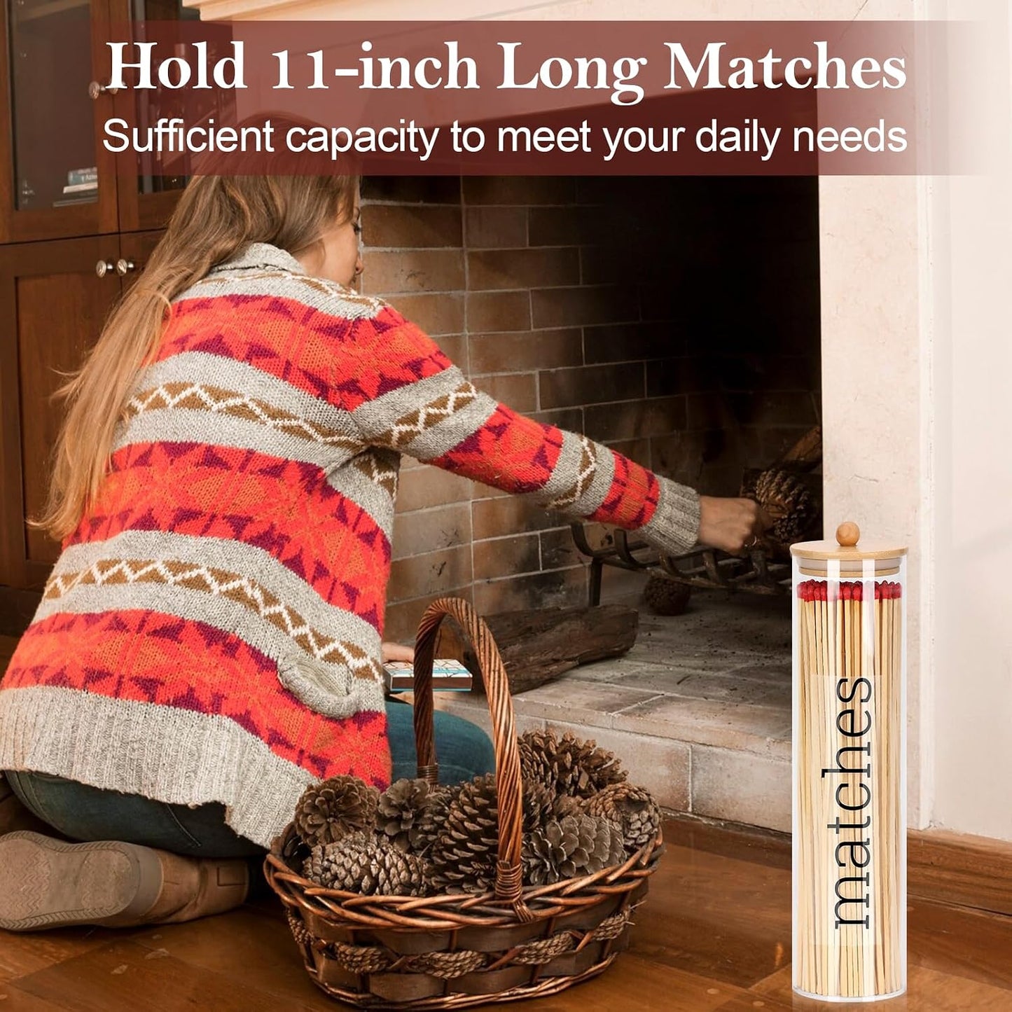 Acrylic 11 inch Long Matches Holder with Lid Sticker Farmhouse Match Holder for Fireplace Farmhouse Decor (No Include Matches)