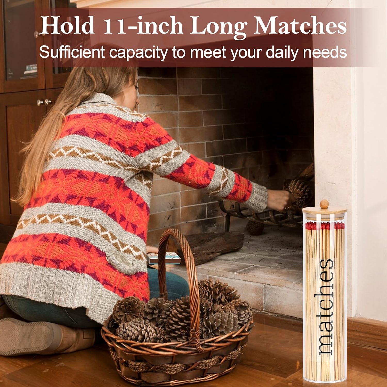 Acrylic 11 inch Long Matches Holder with Lid Sticker Farmhouse Match Holder for Fireplace Farmhouse Decor (No Include Matches)