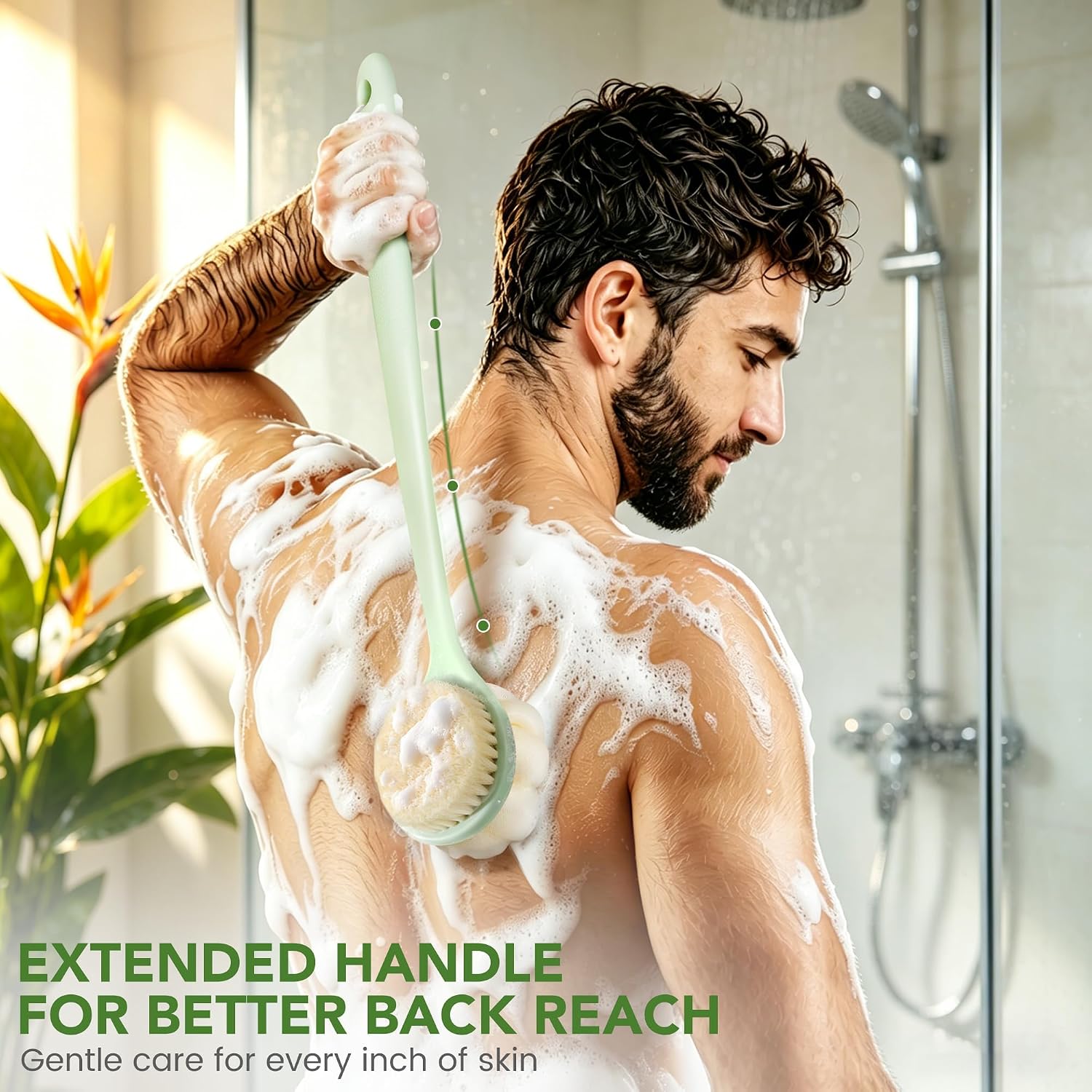 Back Scrubber for Shower, 15.7" Loofah with Handle, Back Shower Brush with Bristles and Loofah, Dry Brushing Body Brush for Cleanse Back and Hard to Reach Areas with Curved Long Handle