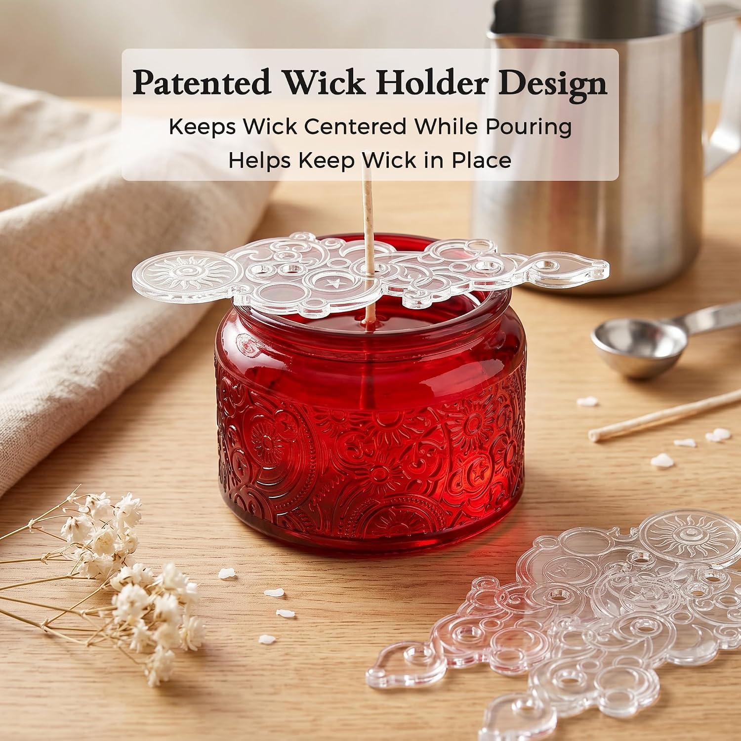 4 oz Red Sun Moon Stars Candle Jars with Metal Lids, 18 Pack | Patented Embossed Design, Includes Wick Centering Devices & Warning Labels, Multiple Color Options