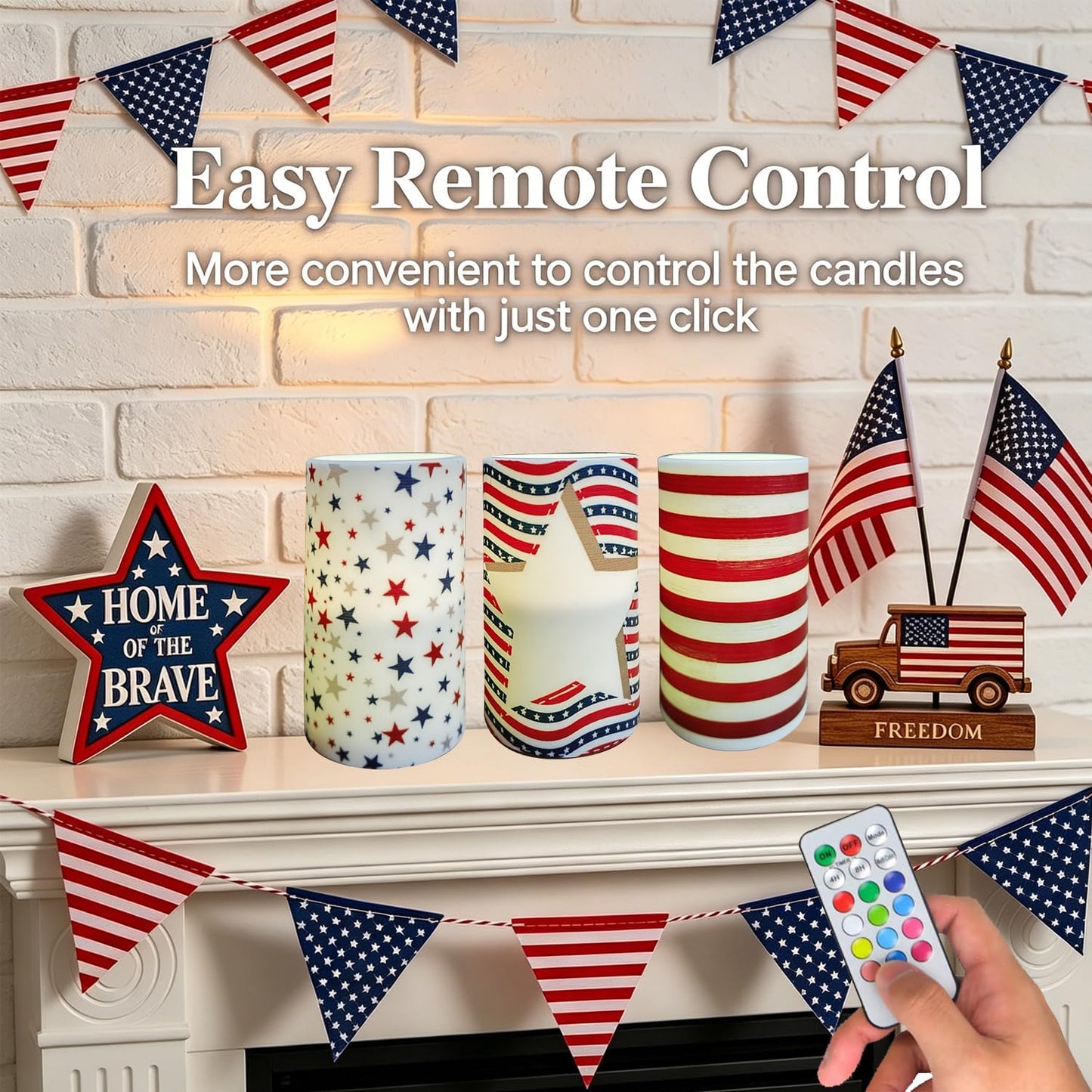 Pack of 3 Patriotc American Flag Flameless LED Pillar Candle with Remote Control Battery Operated 4th of July Candles for Home Decor Dinner Table Centerpieces(American Flag)