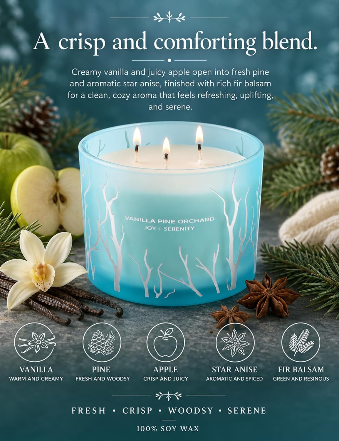Vanilla Pine Orchard Candle | 14.5oz Large 3 Wick Soy Wax Candle for Home | Strongly Scented Winter Apple Vanilla Aromatherapy Candle | Long Lasting, Clean Burn | Stress Relief Gift for Women & Men