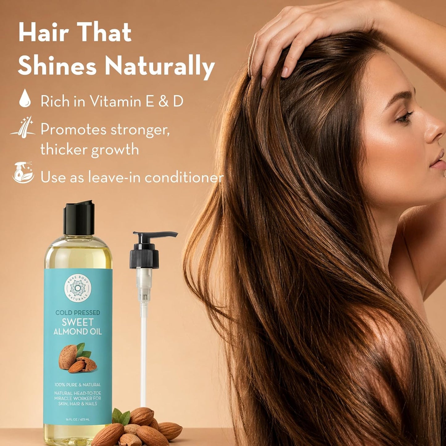 Pure Body Naturals Sweet Almond Oil for Skin and Hair, Cold Pressed Almond Oil, Almond Body Oil, Sweet Almond Carrier Oil, Fast Absorbing Moisturizer, 16 fl oz