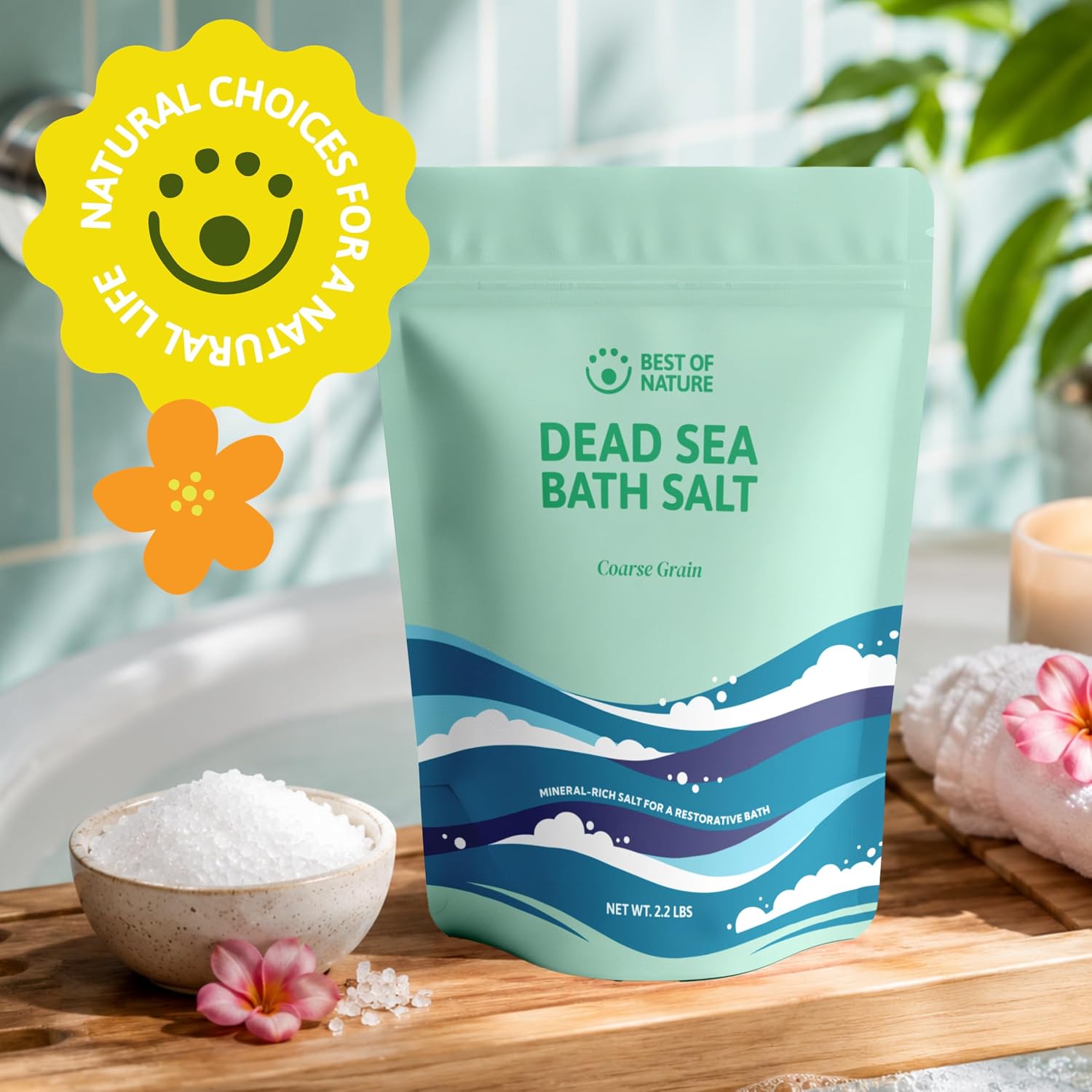 Best of Nature Dead Sea Salt 2.2 lb Coarse Grain Bath Soak Salt, Mineral-Rich Crystals, Resealable Bag, Made in the USA