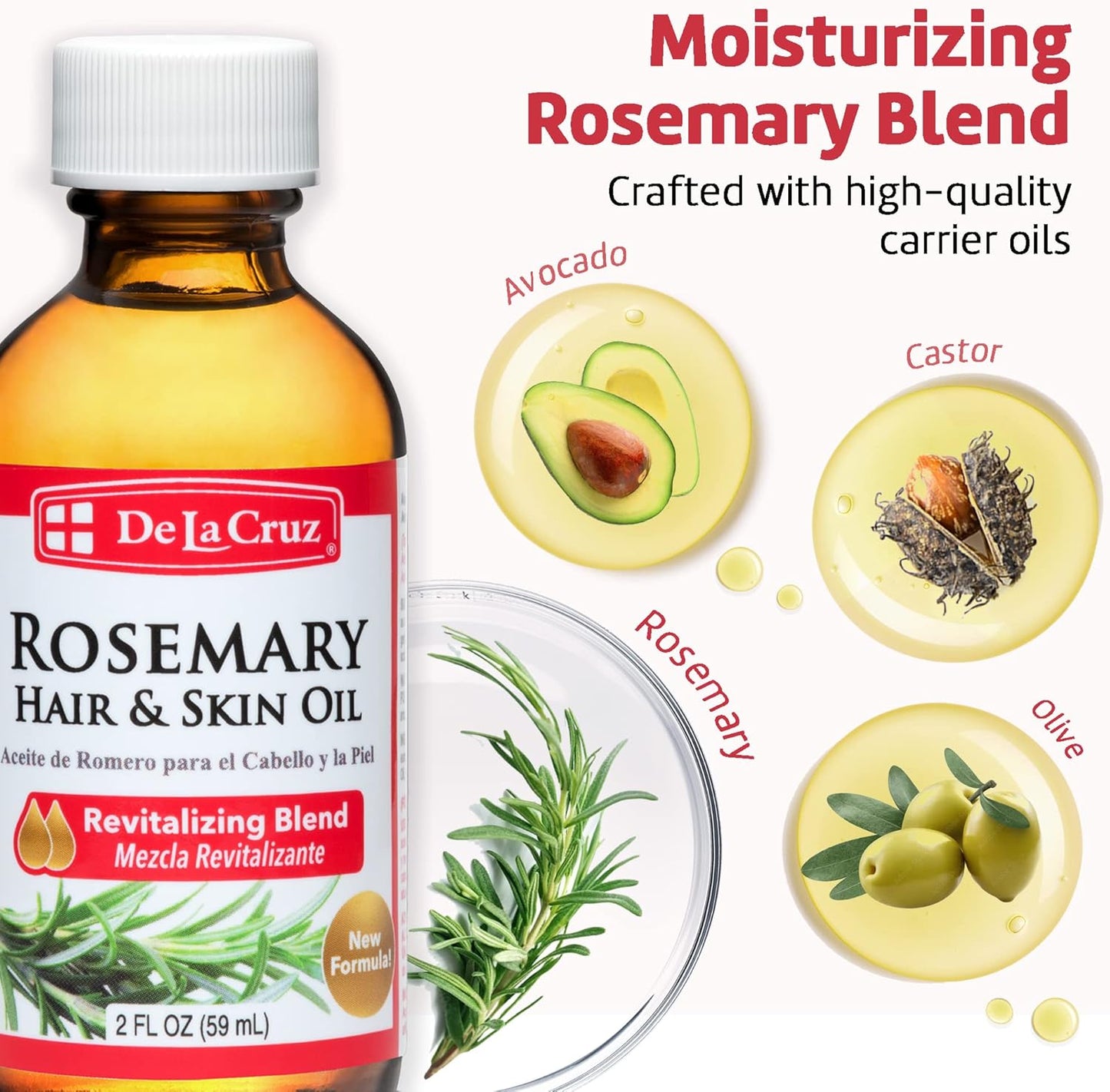 De La Cruz Rosemary Oil Blend Moisturizer with Castor, Avocado and Olive Oil - Topical Use Only 8 FL. OZ. (236 mL)