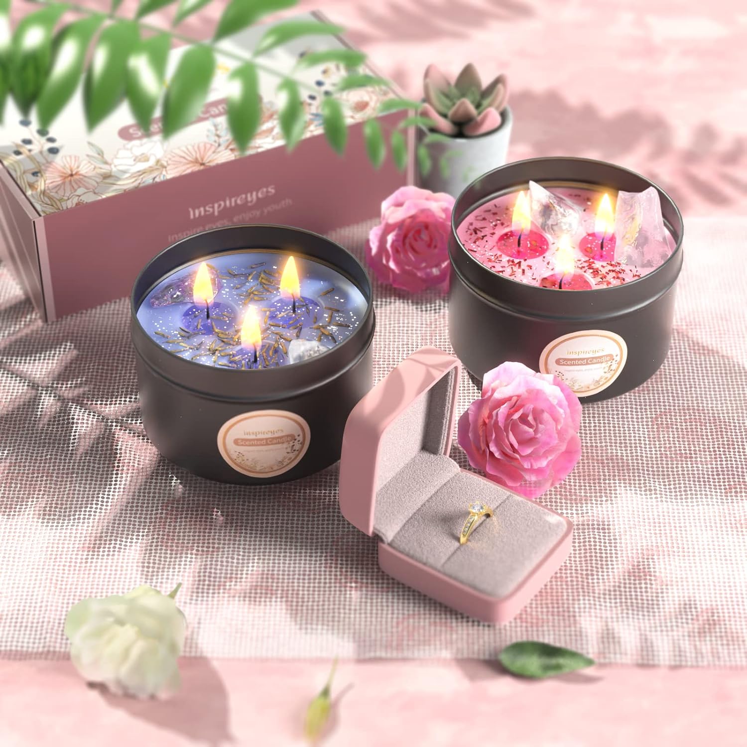 Inspireyes Scented Candles Set with Crystal, 3 Wick Candle 19 oz Soy Wax Aromatherapy Meditation Candles, Large Manifestation Candle with Large Energy Stones, Birthday Gifts for Women