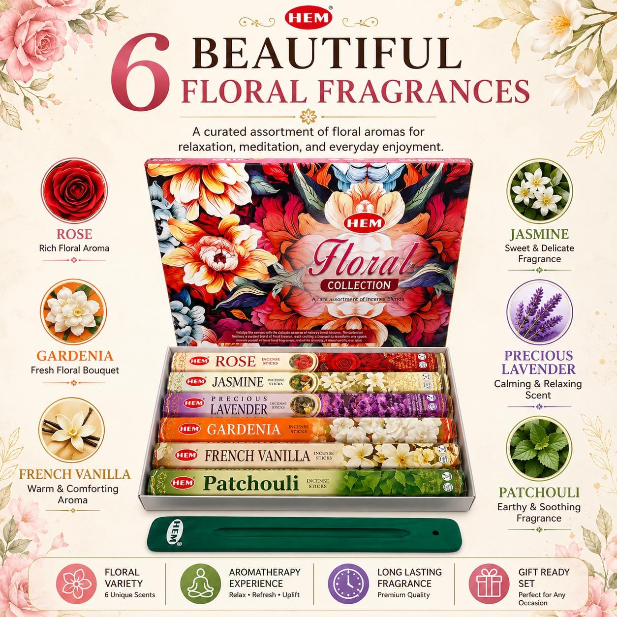 Hem Incense Sticks Assorted Floral Pack (6 Sets x 20 Sticks) with Incense Stick Holder 120 Sticks Total | Patchouli French Vanilla Gardenia Jasmine Rose Precious Lavender