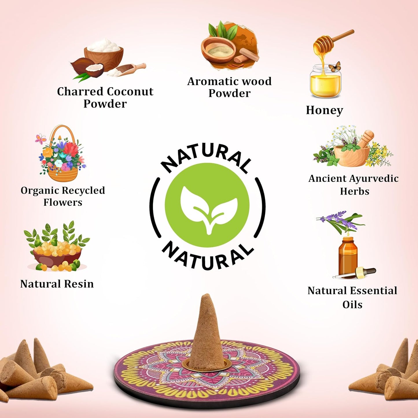 Natural Incense Cones, 6 Pack Enchanted Moments Cone Incense Gift Pack 15 pc Each (90 Total), Insence Cones 100% Organic Non Toxic Natural