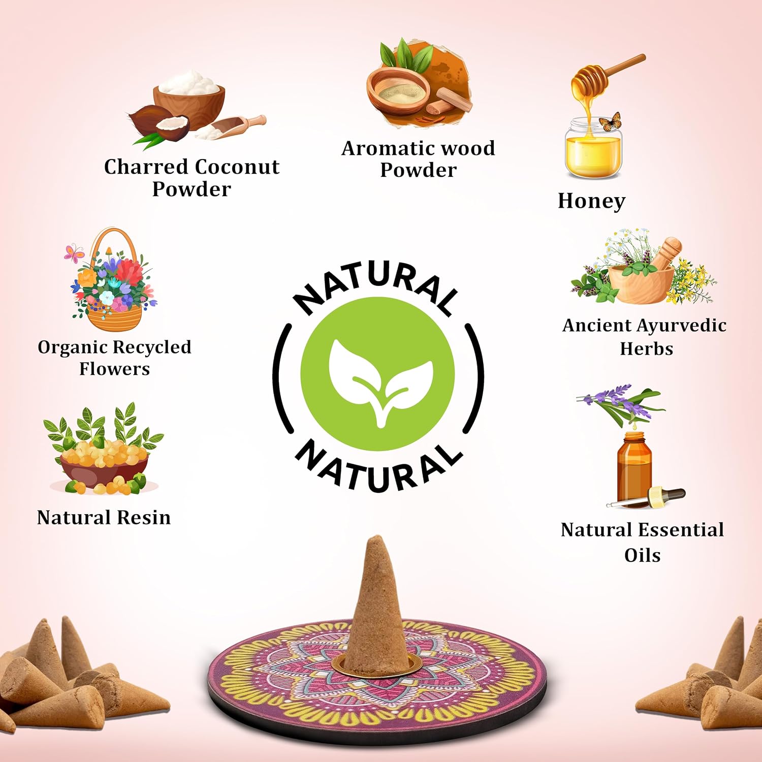 Natural Incense Cones, 6 Pack Enchanted Moments Cone Incense Gift Pack 15 pc Each (90 Total), Insence Cones 100% Organic Non Toxic Natural