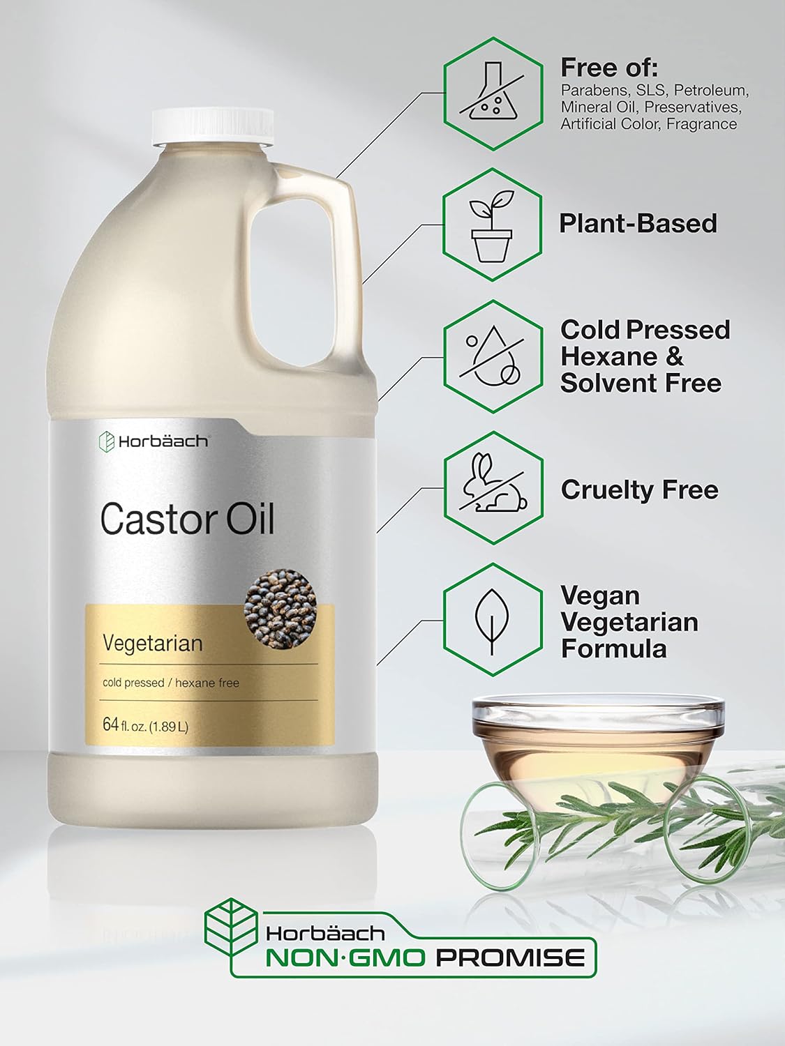 Horbäach Castor Oil 64oz | for Hair, Eyelashes & Eyebrows | Hexane Free & Cold Pressed | Vegetarian, Non-GMO
