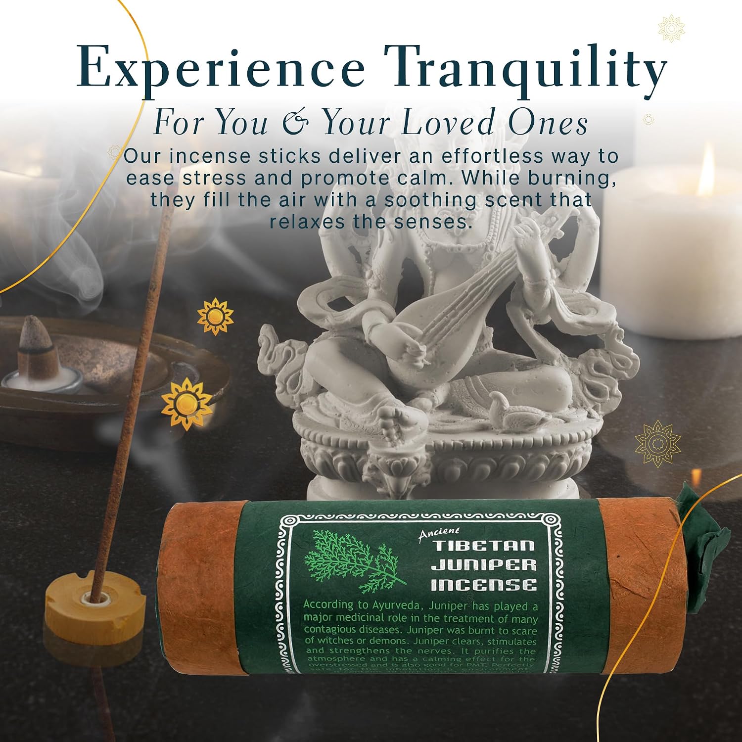 Ancient Tibetan Juniper Incense for Meditation, Yoga, Prayer, Aromatic Medicine, Stress Reliever, Calmness - Pack of 1, 30 Sticks with Wooden Burner