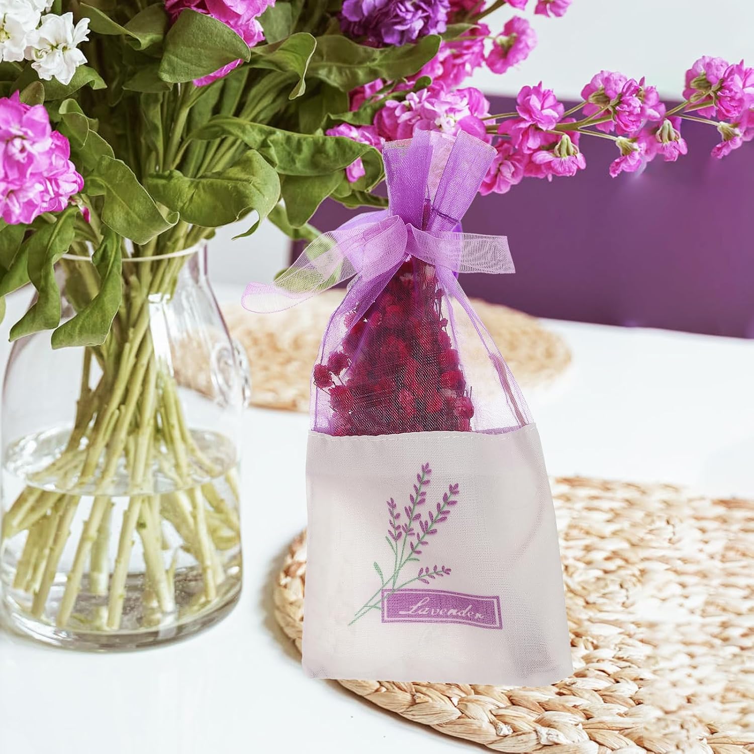 Lavender Sachet Bags 30Pcs Empty Pouch for Drawers Closets Small Gauze Sachet Bags with Flower Print 6X2.8 Inch Fragrance for Home Organization