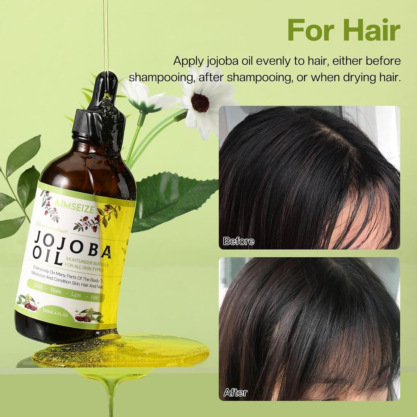 AIMSEIZE Jojoba Oil Organic (4oz), 100% Pure Stimulate Growth for Hair & Eyebrows, Moisturizing Massage Oil for Face, Hair, Skin & Nails