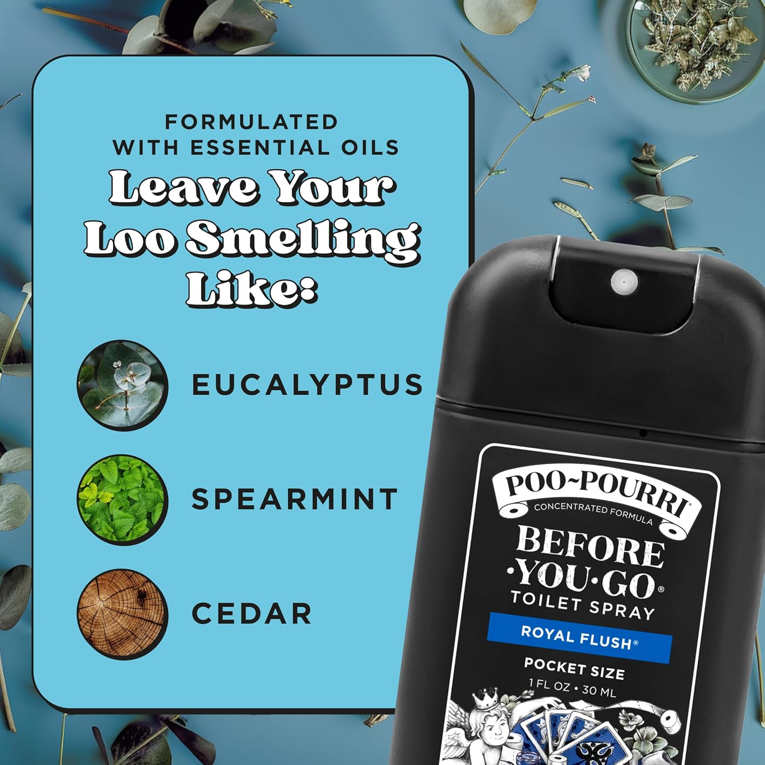Poo-Pourri Before-You-Go Pocket Toilet Spray, Travel Essentials, Royal Flush, 1 Fl Oz, Up to 50 Uses, On-The-Go Bathroom Odor Deodorizer with Essential Oils, TSA Approved Size, Eucalyptus & Spearmint