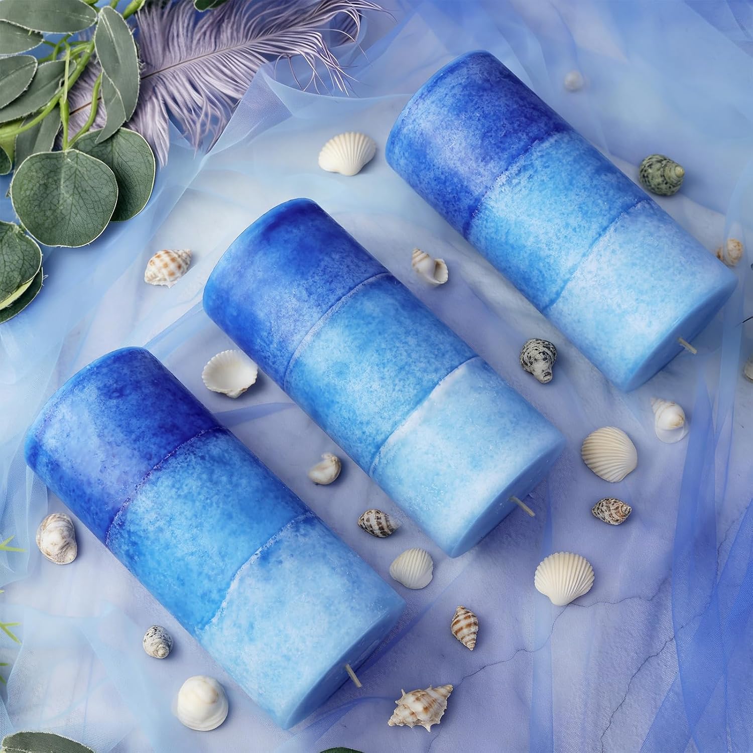 Blue Ocean Scented Pillar Candles, 2.8x6 Inch Non-Toxic Blue Pillar Candle 210H Long Burning Smokeless Fragrance Candle for Home Decor Wedding, 3 Pack