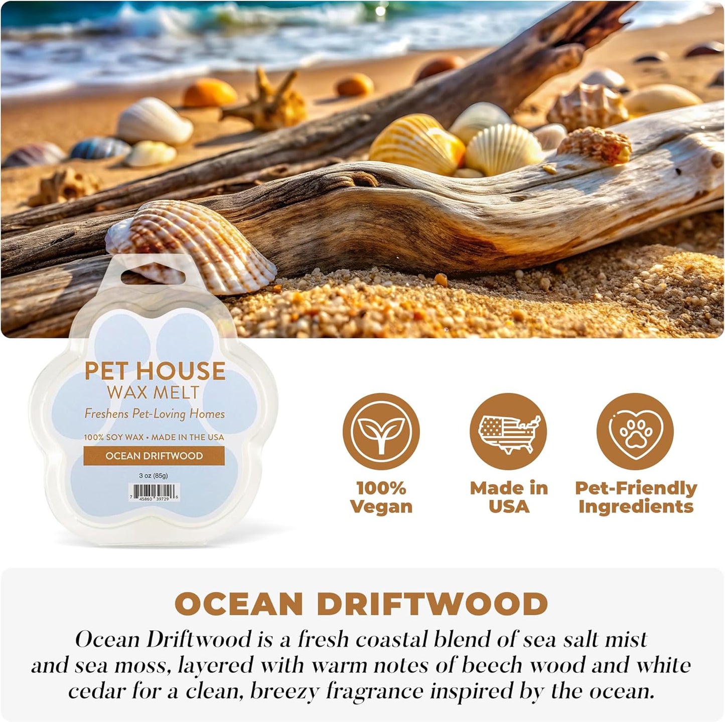 One Fur All Pet House Spring and Summer Wax Melts for Pet Odor, Natural, Plant Based Soy Wax Melts, Long Lasting Fragrance for Fresh Smelling Homes, Ocean Driftwood